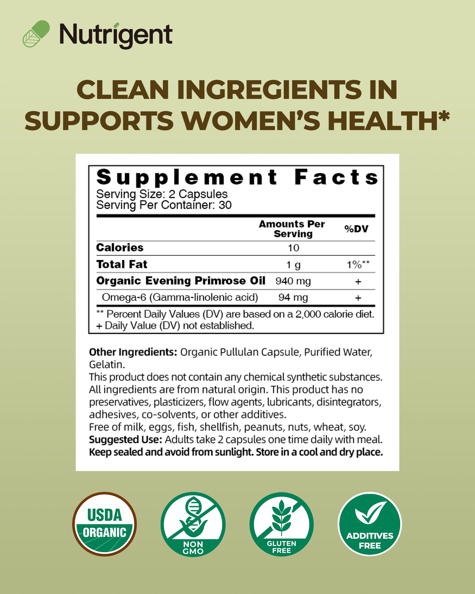 Supplement label for Organic Evening Primrose Oil