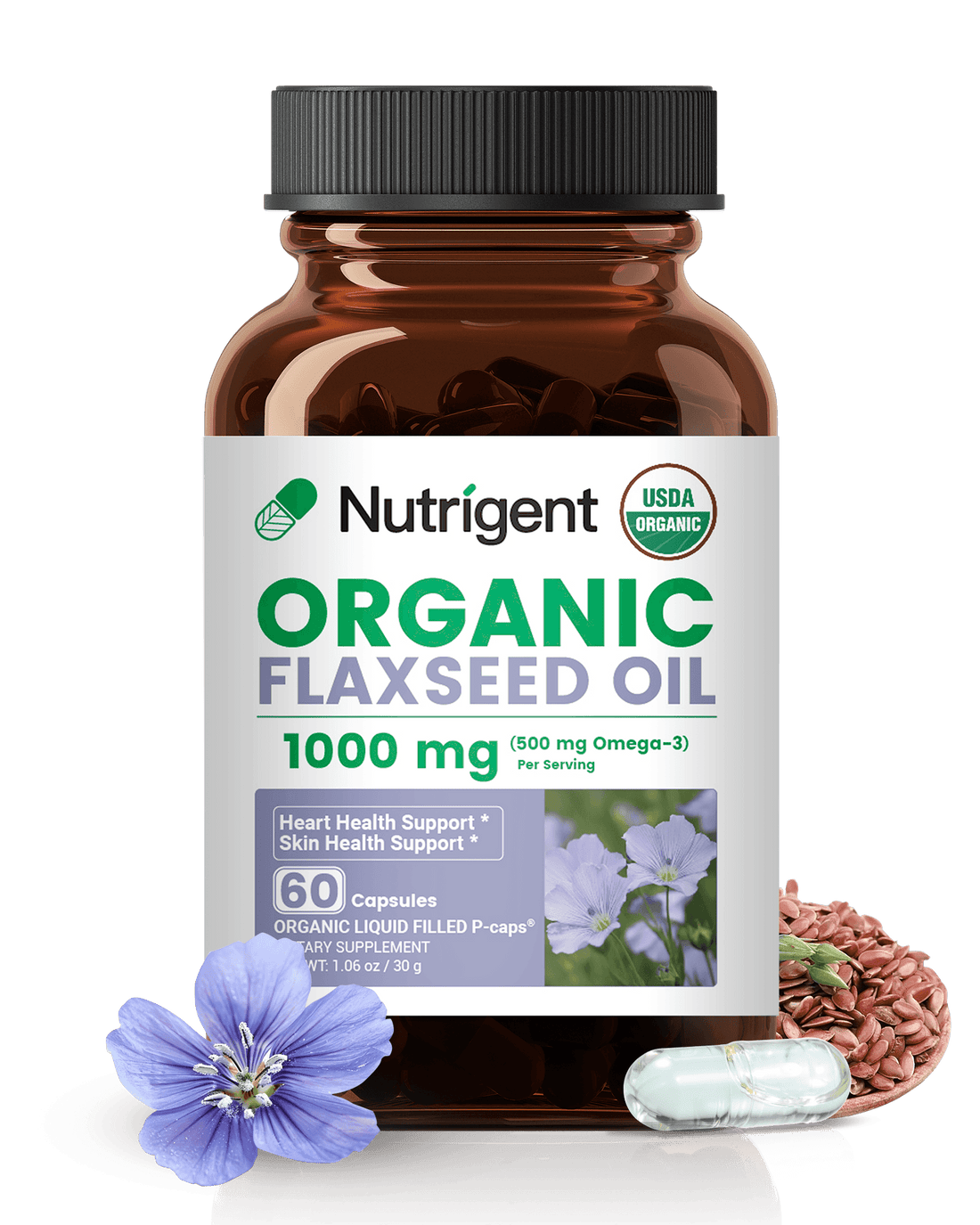 Nutrigen Organic Flaxseed Oil bottle with label on a black background
