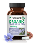 Nutrigen Organic Flaxseed Oil bottle with label on a black background