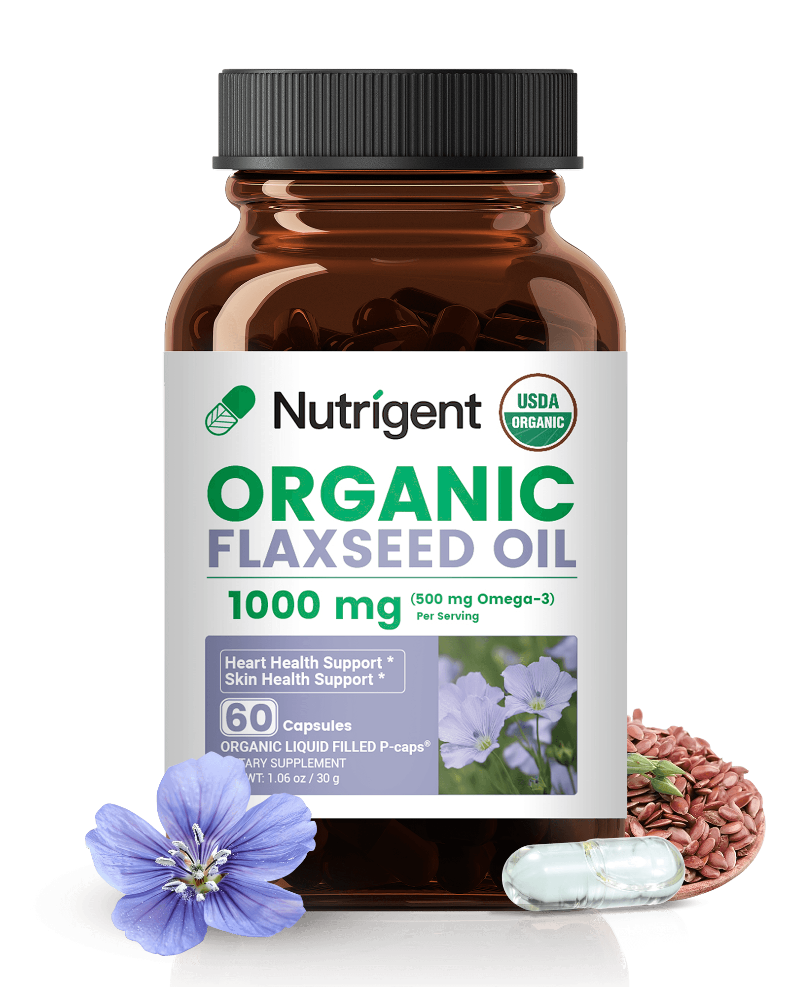 Nutrigen Organic Flaxseed Oil bottle with label on a black background