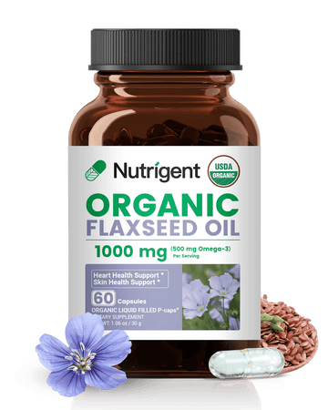 Nutrigen Organic Flaxseed Oil bottle with label on a black background